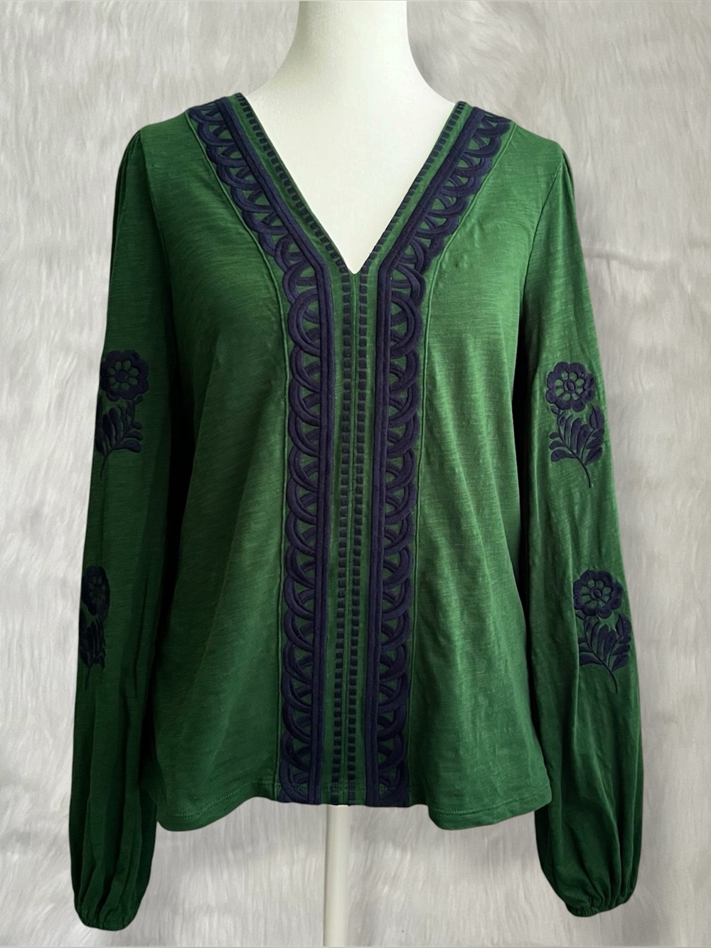 Boden Green V Neck Long Sleeve Blouse Top With Blue Embroidered Floral Details